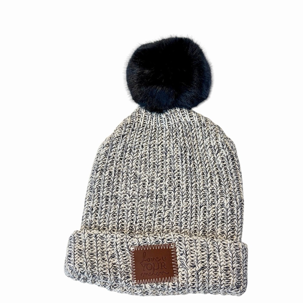 Love Your Melon Pompom Beanie Hat Black White Cotton Knit Stocking Cap Womens